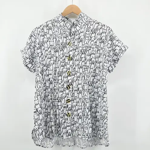 John Mark Button Down Short Sleeve Shirt Large White Black Dog Cat Print Tunic