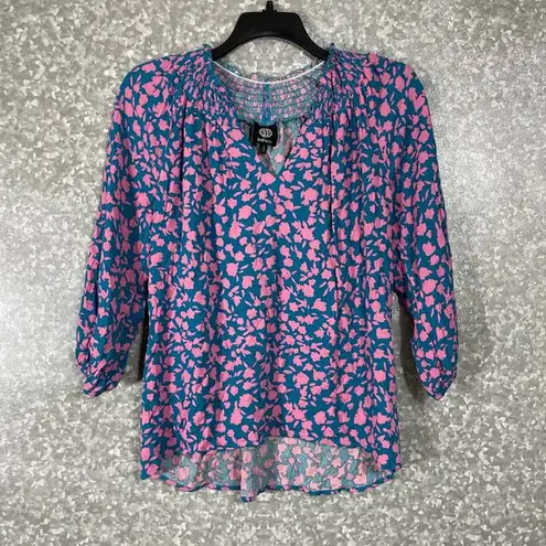 Bobeau  Blue & Pink Floral Boho Peasant Blouse - Size Small - 3/4 Balloon Sleeves