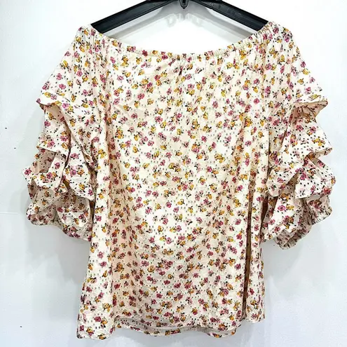 CeCe Cream Dainty Flowers Eyelet Off Shoulder Blouse Ruched Ruffle Half Sleeves