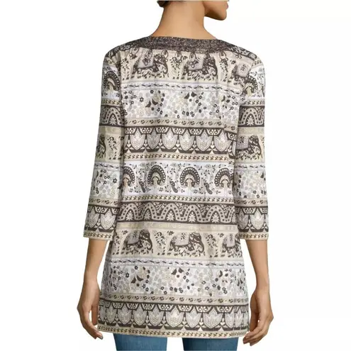 Calypso St. Barth Shirt Women Small Ivory Brown Metallic Thread Ikat Print Tunic
