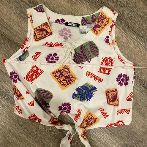 Gitano vintage 80s 90s crop top tie front tank funky geometric graphic medium Multiple