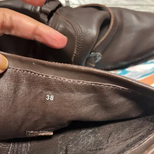 Pollini Brown Leather Motorcycle Boots Square Toe Buckle Side Zip EU38 US 7.5