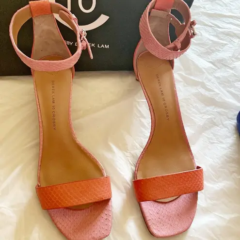 10 Crosby by Derek Lam pink watermelon snake print ankle buckle heeled sandals Size 9.5