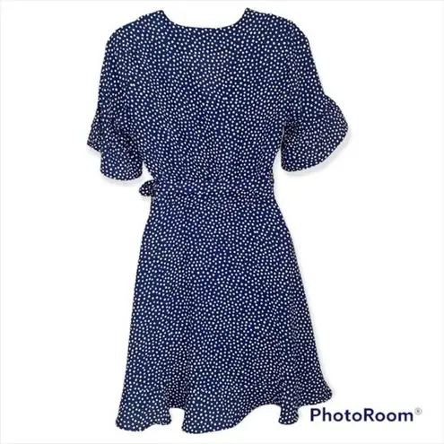 AQUA Blue and White Polka Dot Ruffled Wrap Dress Size Small