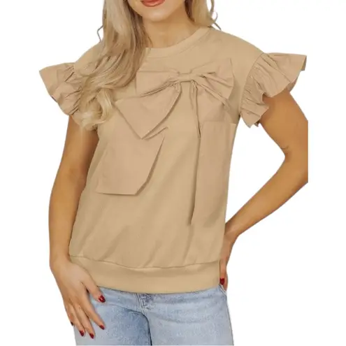 Voy Two Toned Ribbon Bow Ruffle Flutter Sleeve Tan Sweatshirt Whimsical Top S