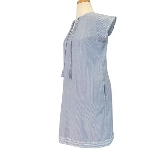 Pomegranate Tie neck pockets 100% cotton blue & white pinstriped shift Small