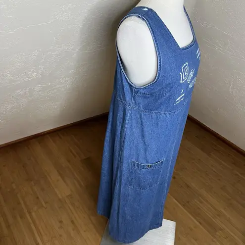 Vintage Blue J Jumper Dress Womens Small 100% Cotton Denim Shift Fish Print Boho