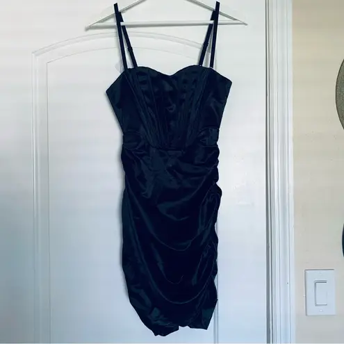 NWT LINJOU Black Satin/Silk Sweetheart Corset Ruched Wrap Bodycon Dress | M Size M