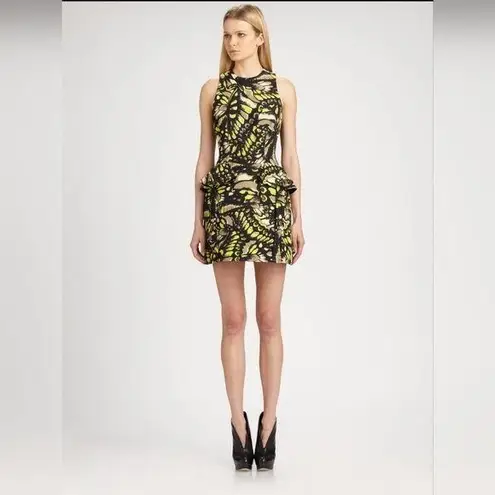 Alexander McQueen MCQ Size 2 Black & Lime Green Butterfly Print Peplum Dress