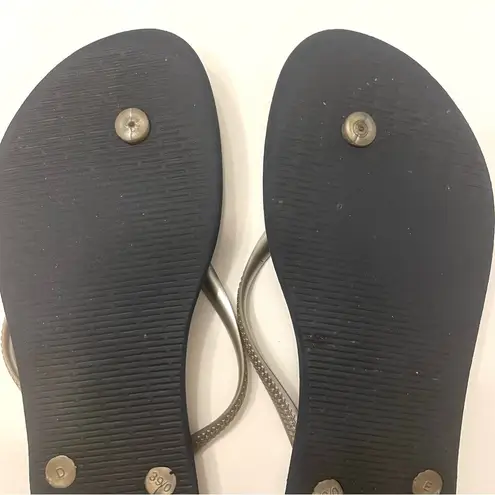Havaianas Peacock Feather Flip Flop Size US 9/10 39/40 Navy Blue Silver EUC