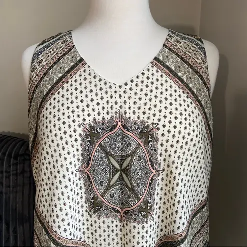 Heart soul Bandana Print Scarf Cut Sleeveless Cream Tan Pink Black Tank M Medium