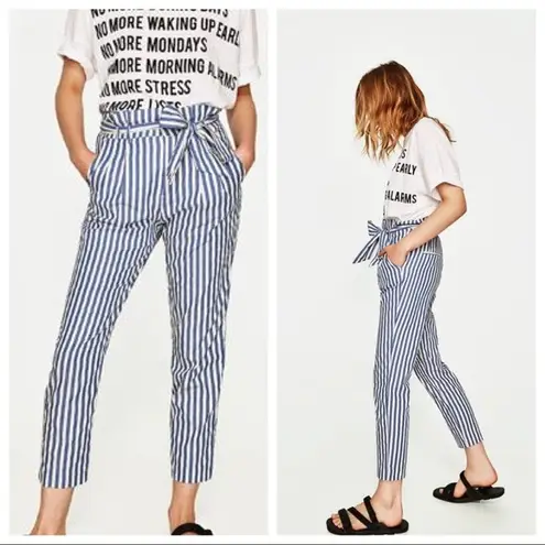 ZARA  Trafaluc Pinstripe Paperbag Woven Trousers Blue and White Size XS