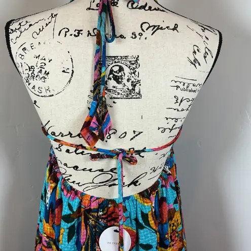 En Creme Women's Maxi Dress Halter Neck Tropical Floral Tie Back Bohemian Blue