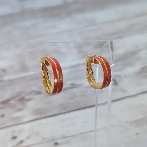 Vintage Clip On Earrings Orange & Gold Tone Hoops
