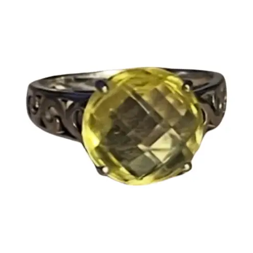 Vintage Sterling Silver Filigree Ring w/ Lemon Quartz Oval Gemstone – Size 7 Yellow