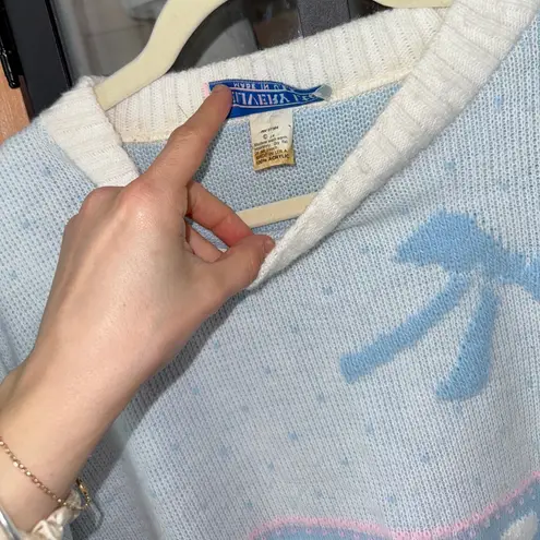 Vintage 80s Pastel Bow Sweater knit crewneck Pullover DELIVERYLtd grandmillenial Blue Size XL