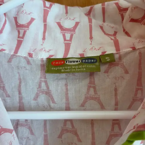 Rock Flower Paper Eiffel Tower Pajama Nightshirt Sleep Shirt Cotton Pink Green S White