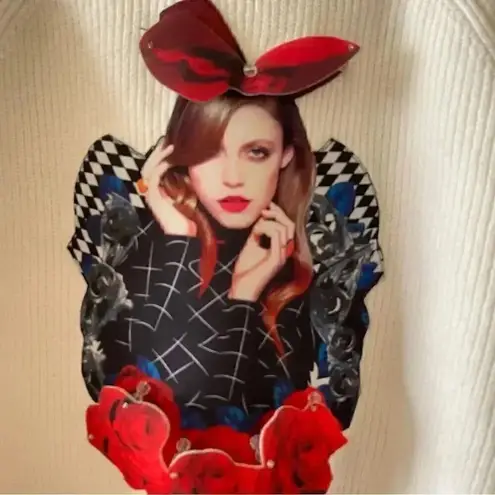 Kinddog Unique Long Sleeves Cropped Girl Womens Ivory Red Winter Cozy Sweater S White