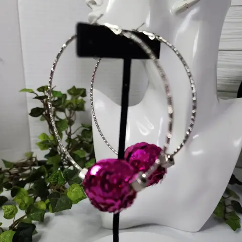 Large Silver Statement Hoop Earrings with Fuchsia Pink Sequin Disco Ball New