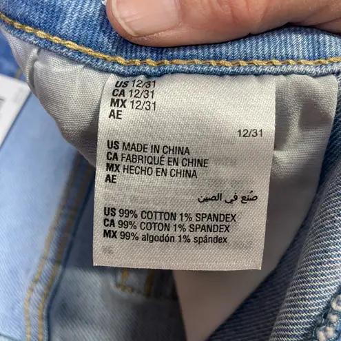 INC Denim high rise fashion basics shorts, embellished frayed hem, size 12