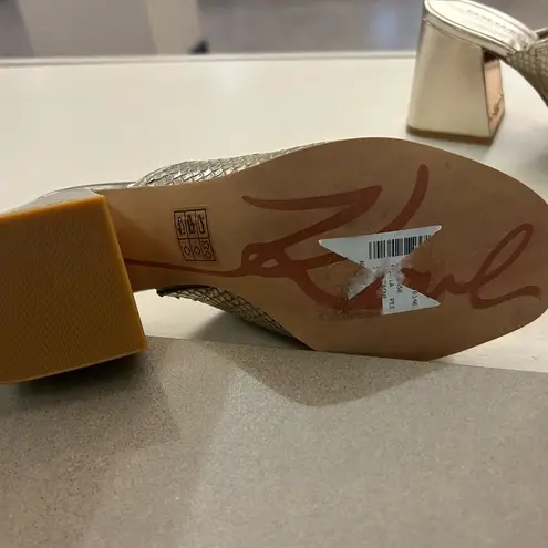 Karl Lagerfeld Paris Gold Chunky Heel Sandals with Crystal Design 7M like new