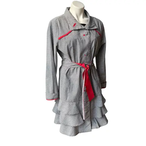 UBU Black White Gingham Check Ruffle Trim Trench Coat, Sz M Size L