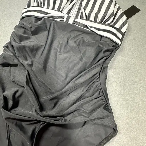 Tempt Me Swimsuit One Piece Womens Small Black White Halter Tie V Neck Ruched