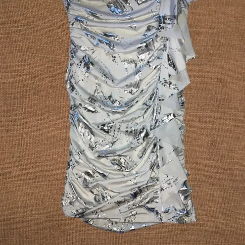 Taboo Vintage white silver strapless ruched ruffle mini dress Y2K 2000s