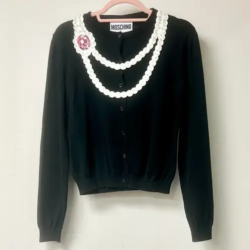 Moschino Couture Pearl Detail Long Sleeve Cardigan Sweater Black Women's Size M