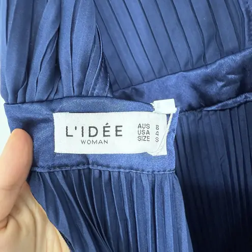 L'IDEE Womens Gala Gown Pleated Maxi Dress Size 8/S Midnight Navy Blue Satin