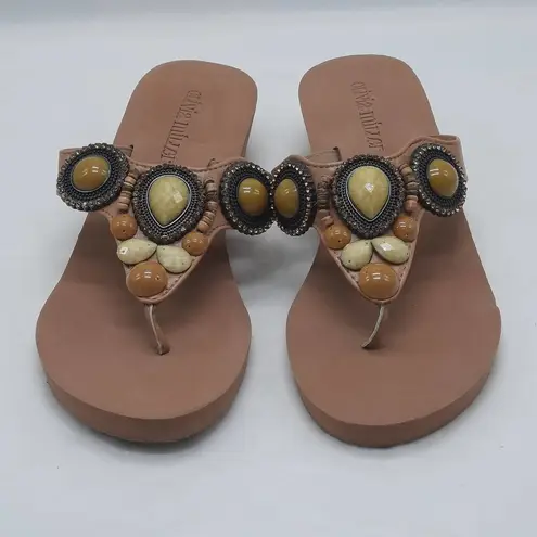 Olivia Miller Sandals Shoes Womens Size 7 Tan Beaded Thong Slip On