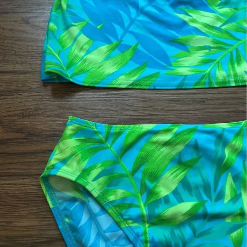 Vtg Y2K Tankini Swim Set Sz 12 Neon Abstract Palm Print High Rise Blue