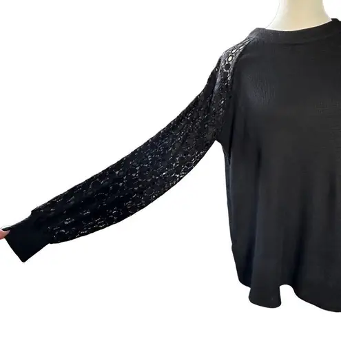 MIHOLL Lace Long Sleeve Casual Loose Top Solid Black Size Medium
