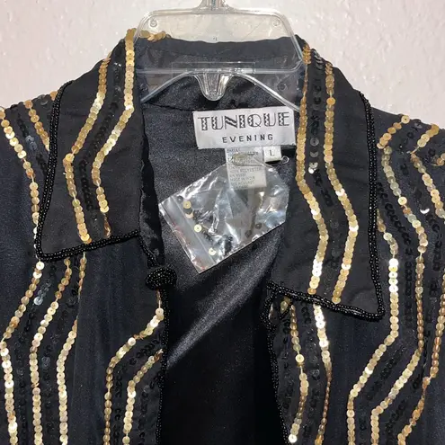 Vintage Tunique Evening S Black Gold Heavy Sequin Formal Jacket Blazer Disco Size L