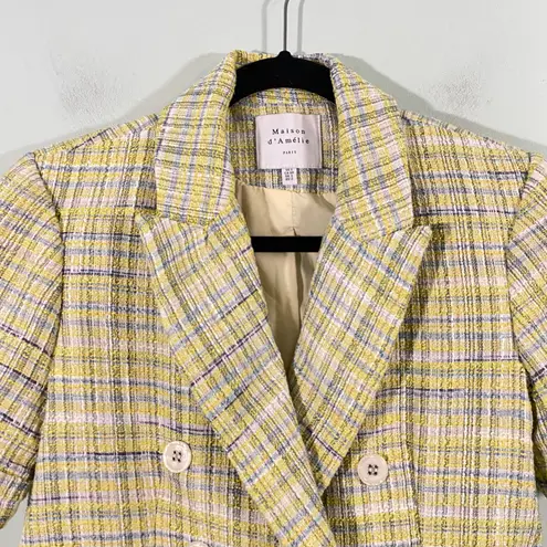 Maison D'Amelie Women Yellow & Green Tweed Short Sleeve Blazer Top Size S