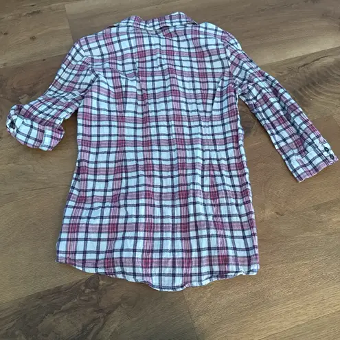 YA Los Angeles Pink White Purple Plaid 3/4 Length Button Up Shirt Gathered Waist