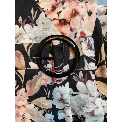 Karl Lagerfeld Paris Floral Wide Leg Jumpsuit Belted V Neck Cap Sleeve Size 2 Black