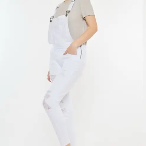 KanCan Women’s White Distressed Adjustable Stretch Overalls Size Medium