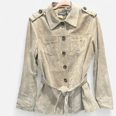 Vintage Liz Claiborne Suede Belted Short Trench 90s Minimalist French Girl Tan Size L