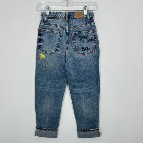 BDG Urban Outfitters High Rise Slim Straight Jeans Embroidered Stitch Please Blue Size 24