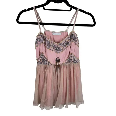 Saint Tropez Silk Pink Beaded Adjustable Strap Boho Beachy Tank Blouse Size S