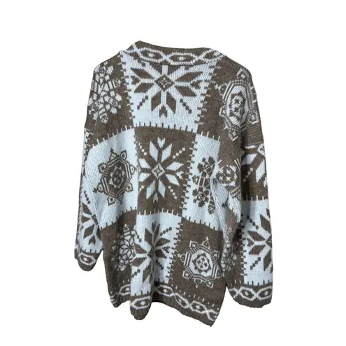 Needles & Yarn Women's Snowflake Patchwork Knit Sweater Brown White Long Sleeve Size L