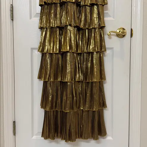 Mac Duggal NWT 30763 Gold High Neck Pleated Tiered Ruffle Metallic Gown Size 12