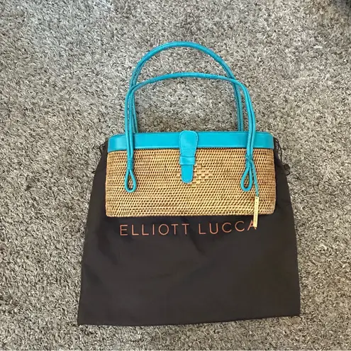 Elliott Lucca Turquoise green leather trim straw rattan woven stiff basket bag