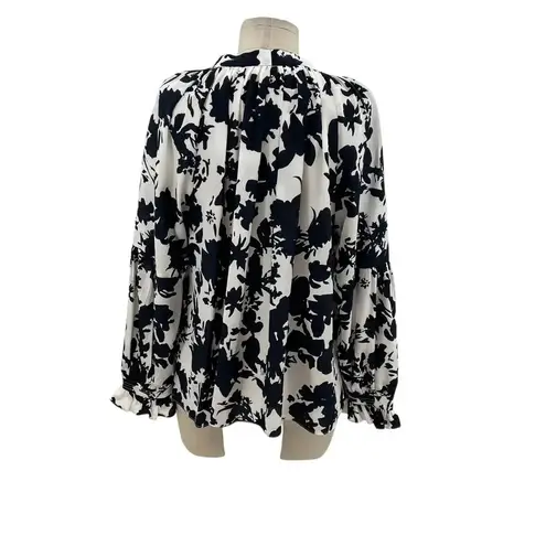 Marie Oliver White Navy Blue Floral Print Long Sleeve Silk Blouse Size Large