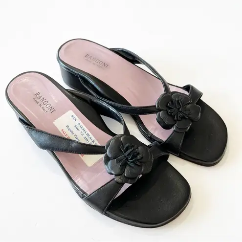 Rangoni Dalma Black Napa Leather Sandals Floral Mini Wedge Women’s Size 7.5 $170