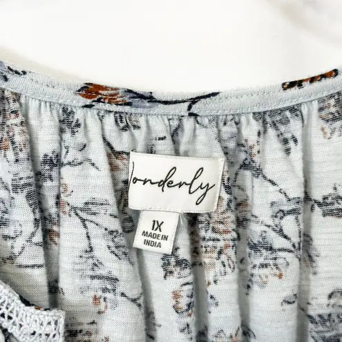 Wonderly Plus Size 1X Top Floral Print Tie Neck Ruffle Sleeve Boho Whimsy 1730