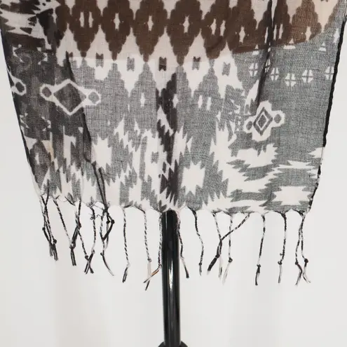 Black White Geometric Print Scarf Ikat Lightweight Fringe Shawl Wrap Boho Indie