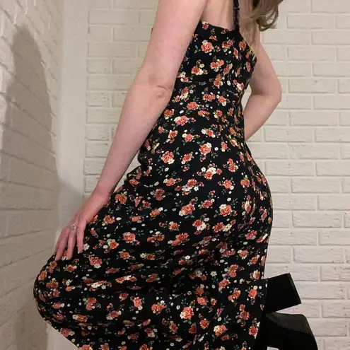Farm Rio Retro Ditsy Floral Pin up Style Wide Leg Jumpsuit, Black, Size 6