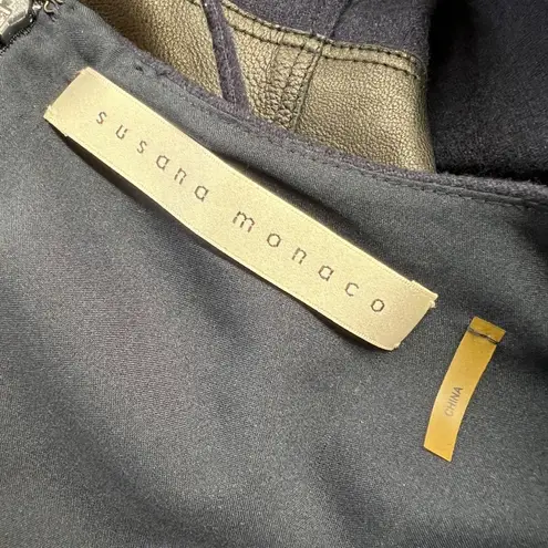 Susana Monaco Wool Blend Belted Navy Blue Leather Panel Dress Size 4 NWT